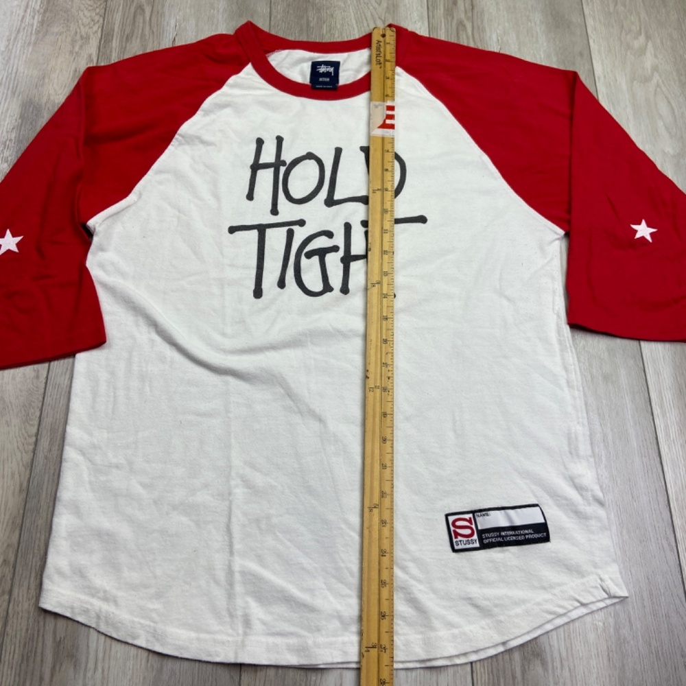 VINTAGE Stussy Raglan T-Shirt Men's Medium Red White Baseball 3/4 Sleeve Crown - Picture 10 of 16